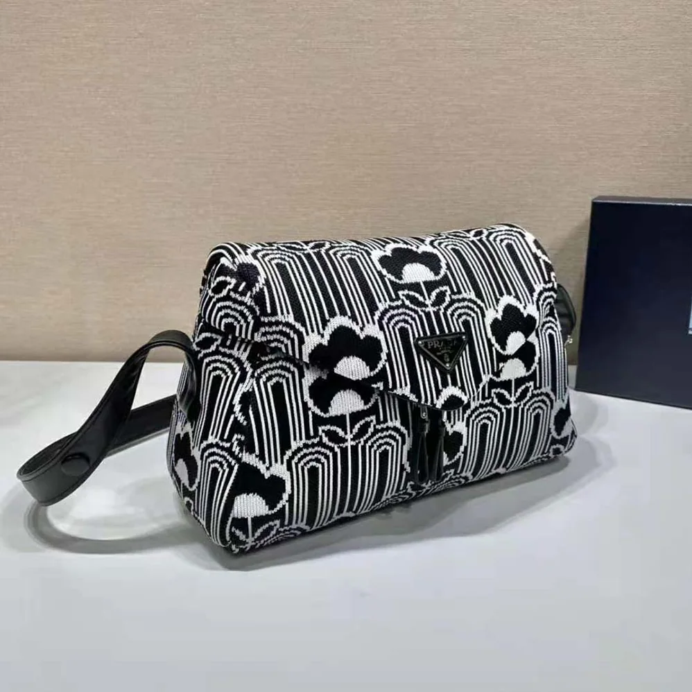 Prada Jacquard Knit and Leather Prada Signaux Bag for Women in Black