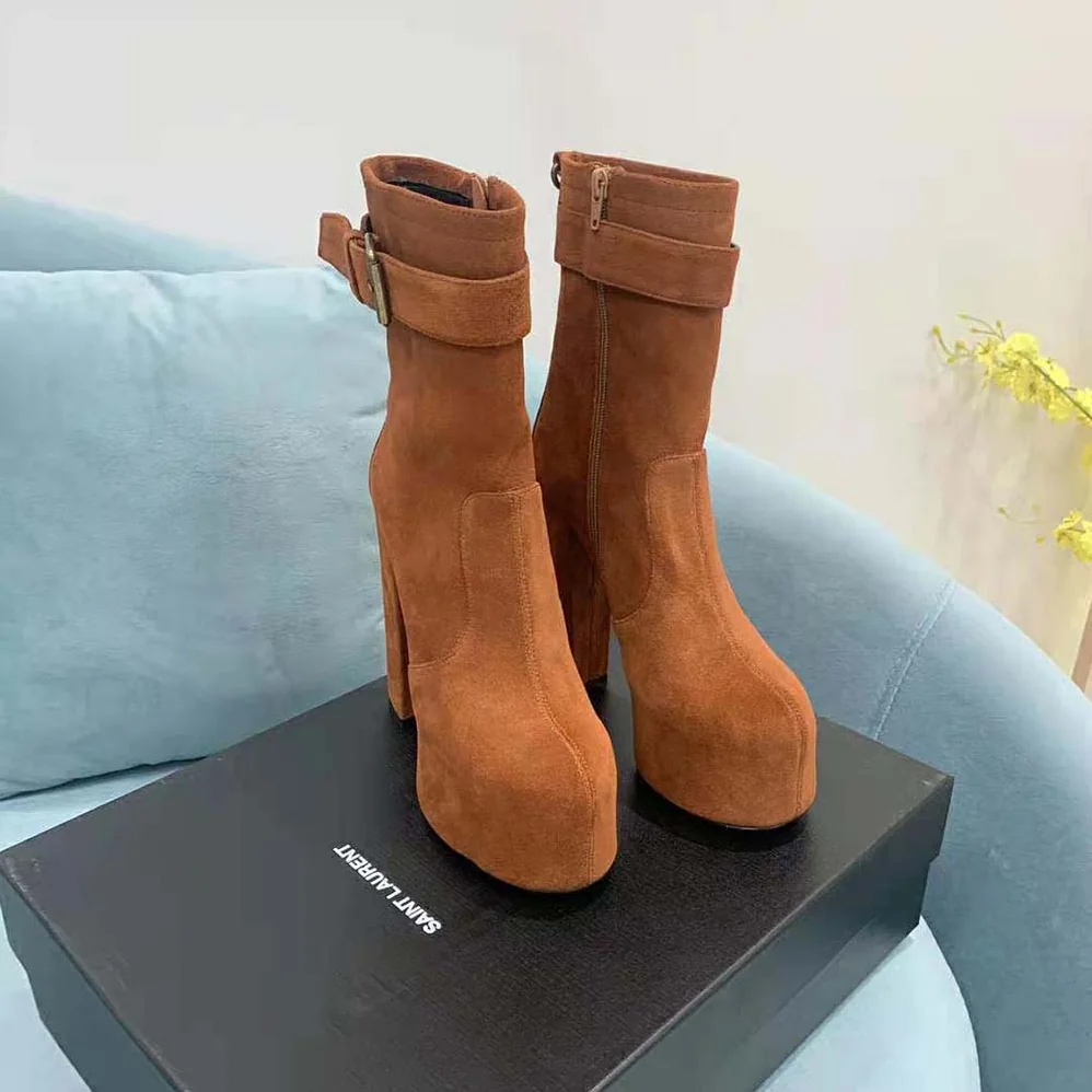 Saint Laurent YSL Cherry Buckle Platform Booties in Suede for Women in Brown Saint Laurent YSL Cherry Buckle Platform Booties in Suede for Women in Brown
