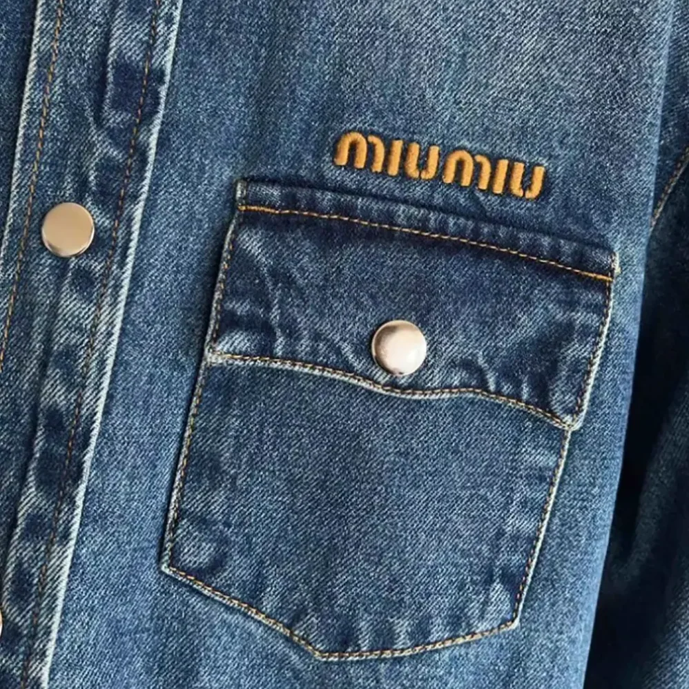 Miu Miu Denim Down Jacket with Embroidered Logo for Women