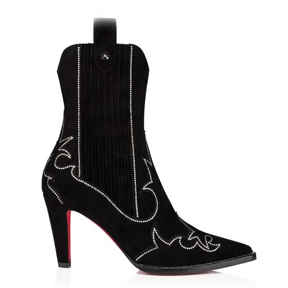 Christian Louboutin Santigag Strass 85 mm Low Boots Veau Velours and Strass for Women in Black Christian Louboutin Santigag Strass 85 mm Low Boots Veau Velours and Strass for Women in Black