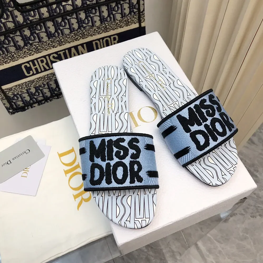 Dior Dway Slide Embroidered Cotton and Pale Blue Miss Dior Allover Motif for Women