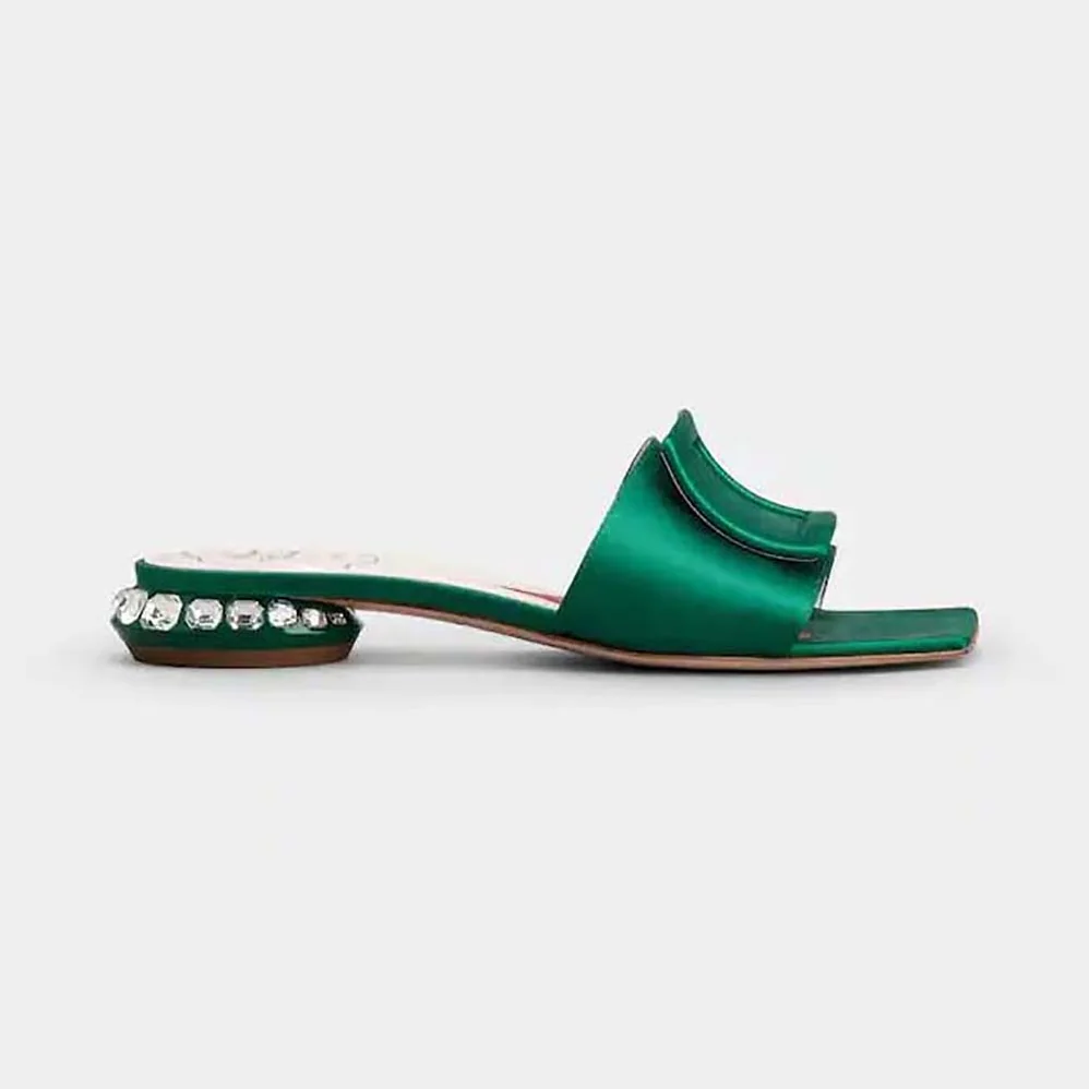Roger Vivier Strass Heel Covered Buckle Mules in Satin for Women in Green Roger Vivier Strass Heel Covered Buckle Mules in Satin for Women in Green