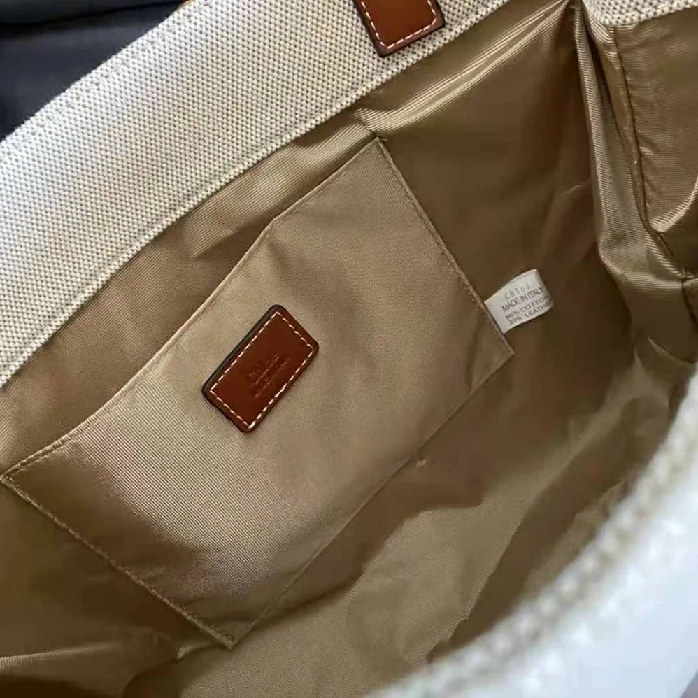 Chloe Large Woody Tote Bag in Linen Canvas and Shiny Calfskin with Woody Ribbon for Women Chloe Large Woody Tote Bag in Linen Canvas and Shiny Calfskin with Woody Ribbon for Women