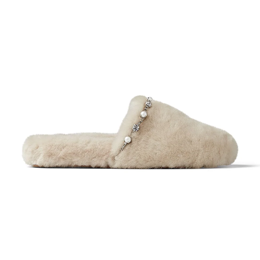 Jimmy Choo Aliette Flat Natural Shearling Slippers for Women in Beige