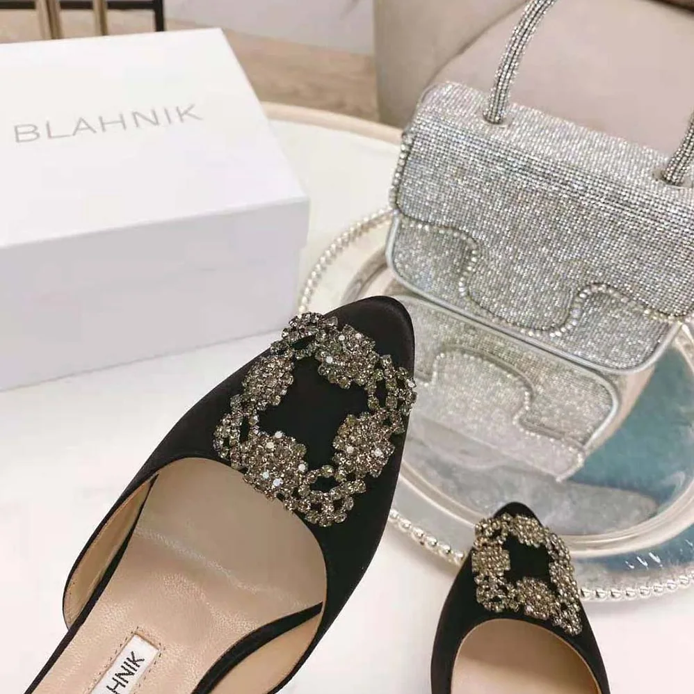 Manolo Blahnik Black Satin Jewel Buckle Mules for Women Manolo Blahnik Black Satin Jewel Buckle Mules for Women