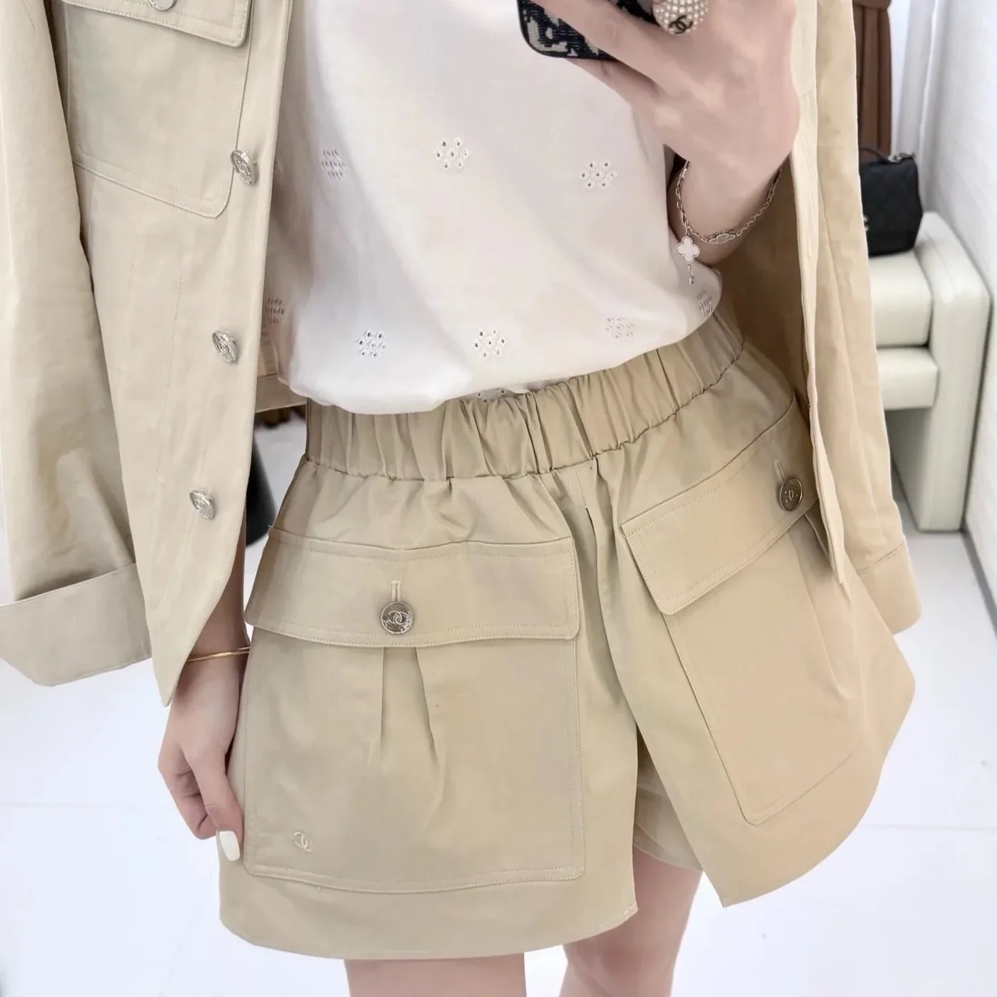 Chanel Cotton Twill Utility Cargo Shorts Sand