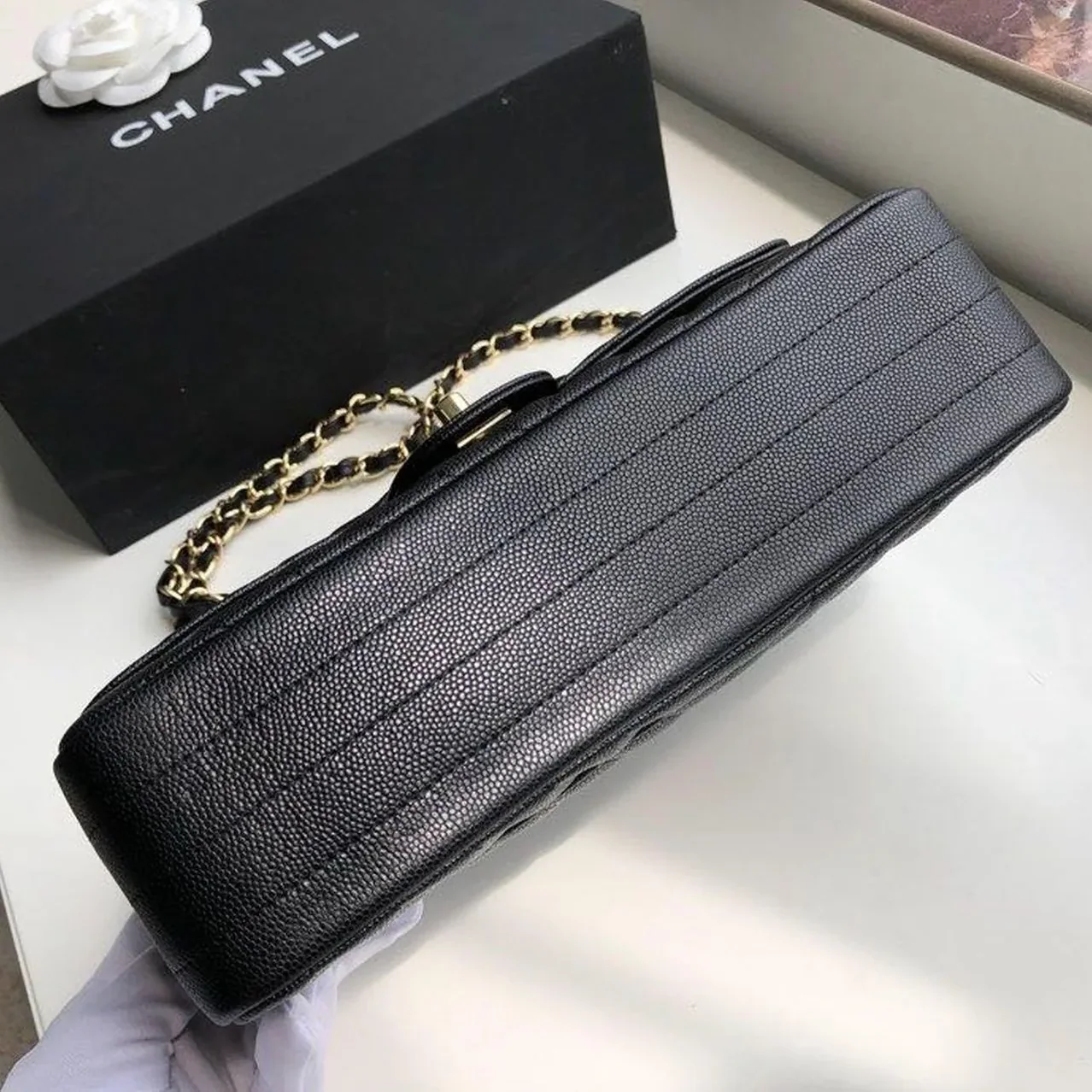 Chanel Chevron Classic Flap Medium Crossbody Bag in Black Gold Toned Hardware