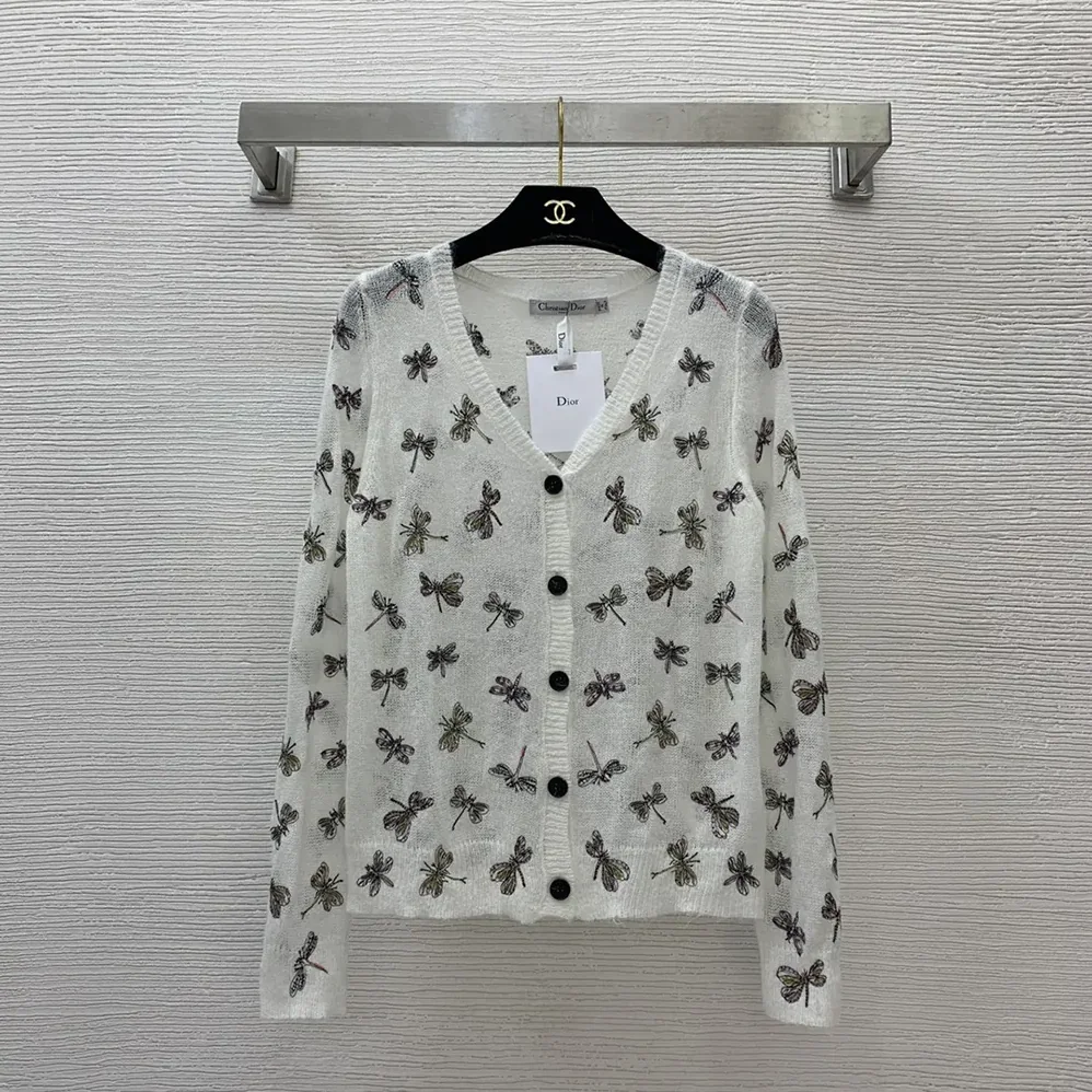 Dior Twinset White Mohair and Alpaca Blend Knit with Multicolor Dragonfly Motif for Women