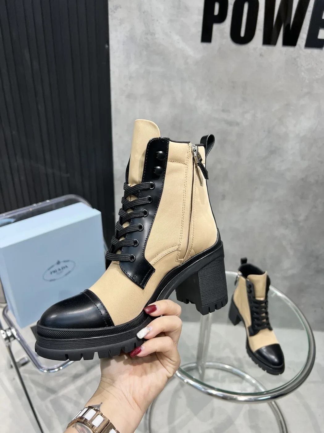 Prada Tronchetti Lace in Up Boots Beige PRD