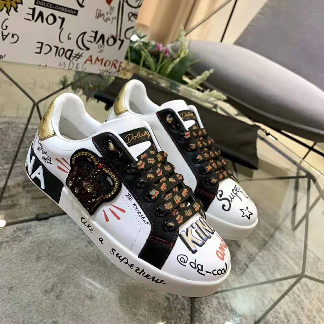 Dolce Gabbana D&G Portofino Sneakers in Printed Nappa Calfskin with Patch for Men in Black