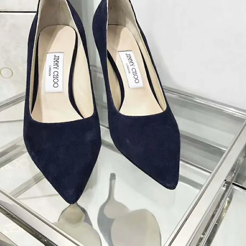 Jimmy Choo Shoes Romy 85 Opal Suede Pointy Toe Pumps for Women in Navy