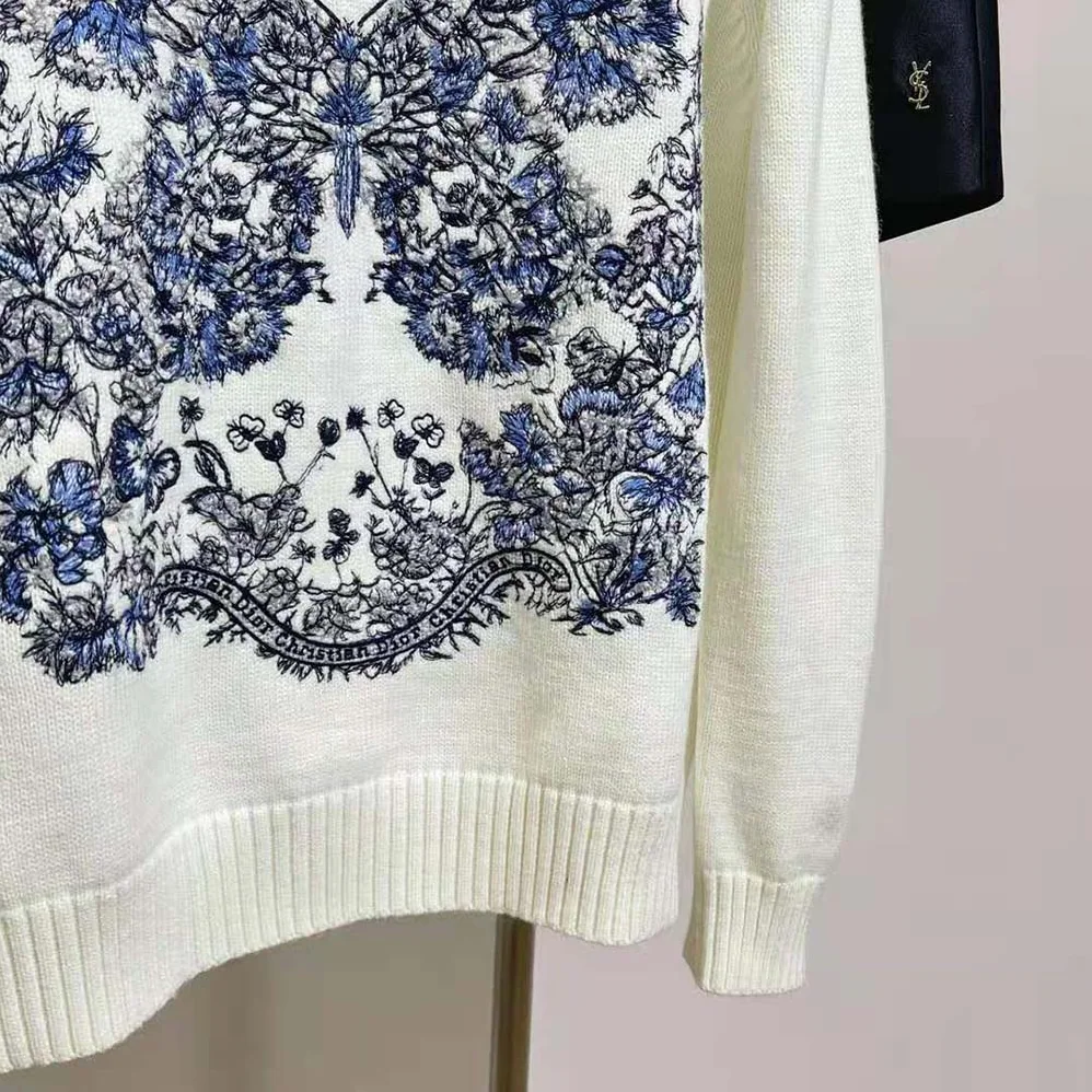 Dior Embroidered Sweater Ecru Cashmere Knit with Pastel Midnight Blue Butterfly Around The World Motif for Women