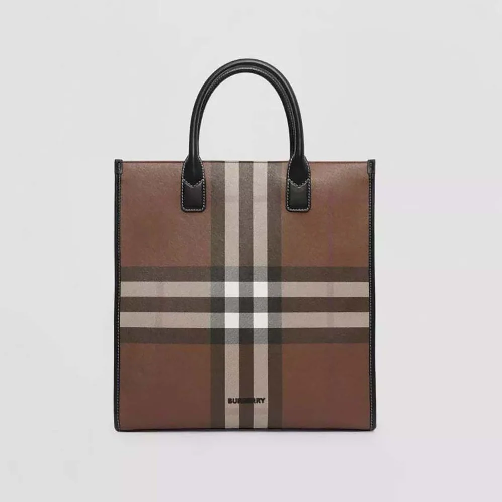 Burberry Exaggerated Check and Leather Slim Tote for Men in Brown
