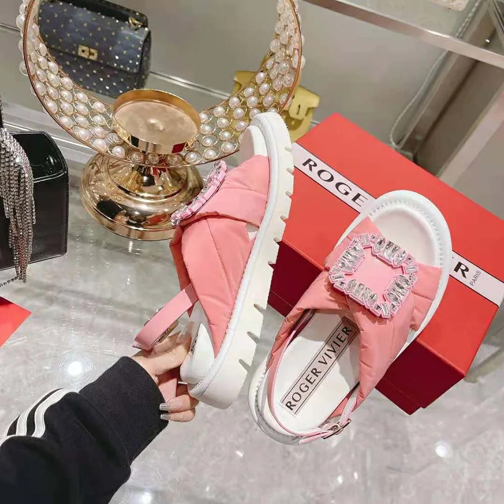 Roger Vivier Viv Winter Puffy Strass Buckle Sandals in Satin for Women in Pink