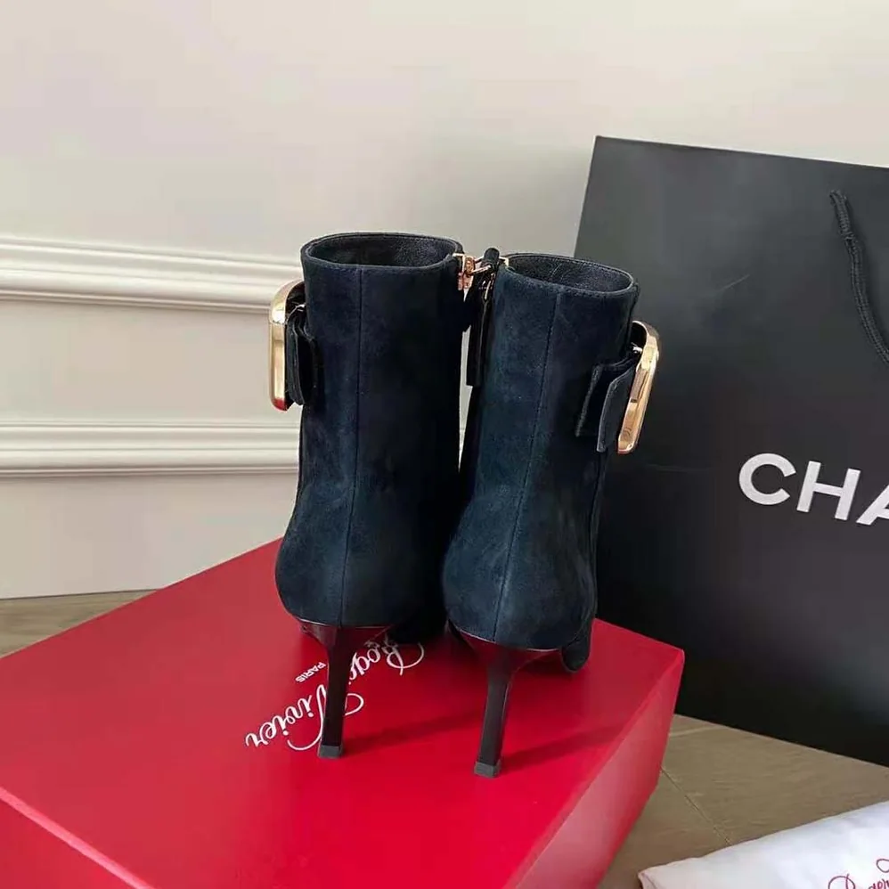 Roger Vivier Viv' Choc Metal Buckle Booties in Suede for Women in Black Roger Vivier Viv' Choc Metal Buckle Booties in Suede for Women in Black