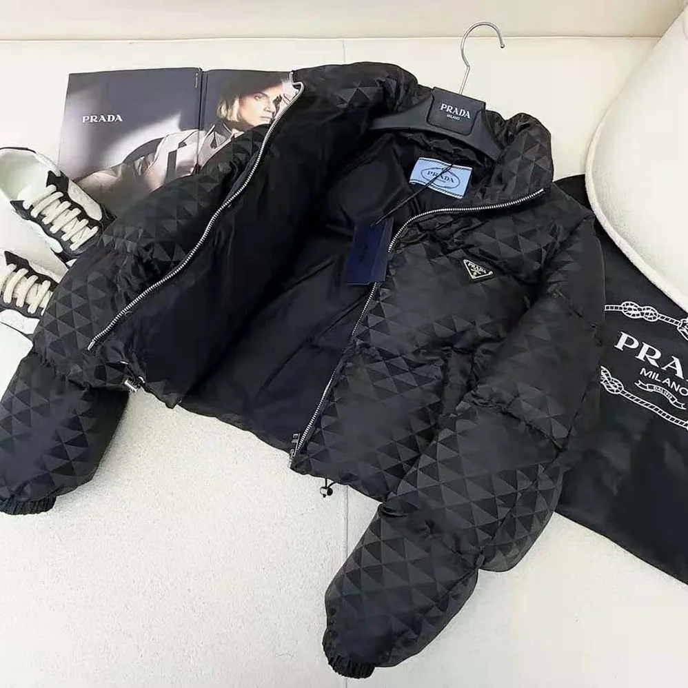 Prada Re-Nylon Cropped Hooded Down Jacket for Women in Black Prada Re-Nylon Cropped Hooded Down Jacket for Women in Black
