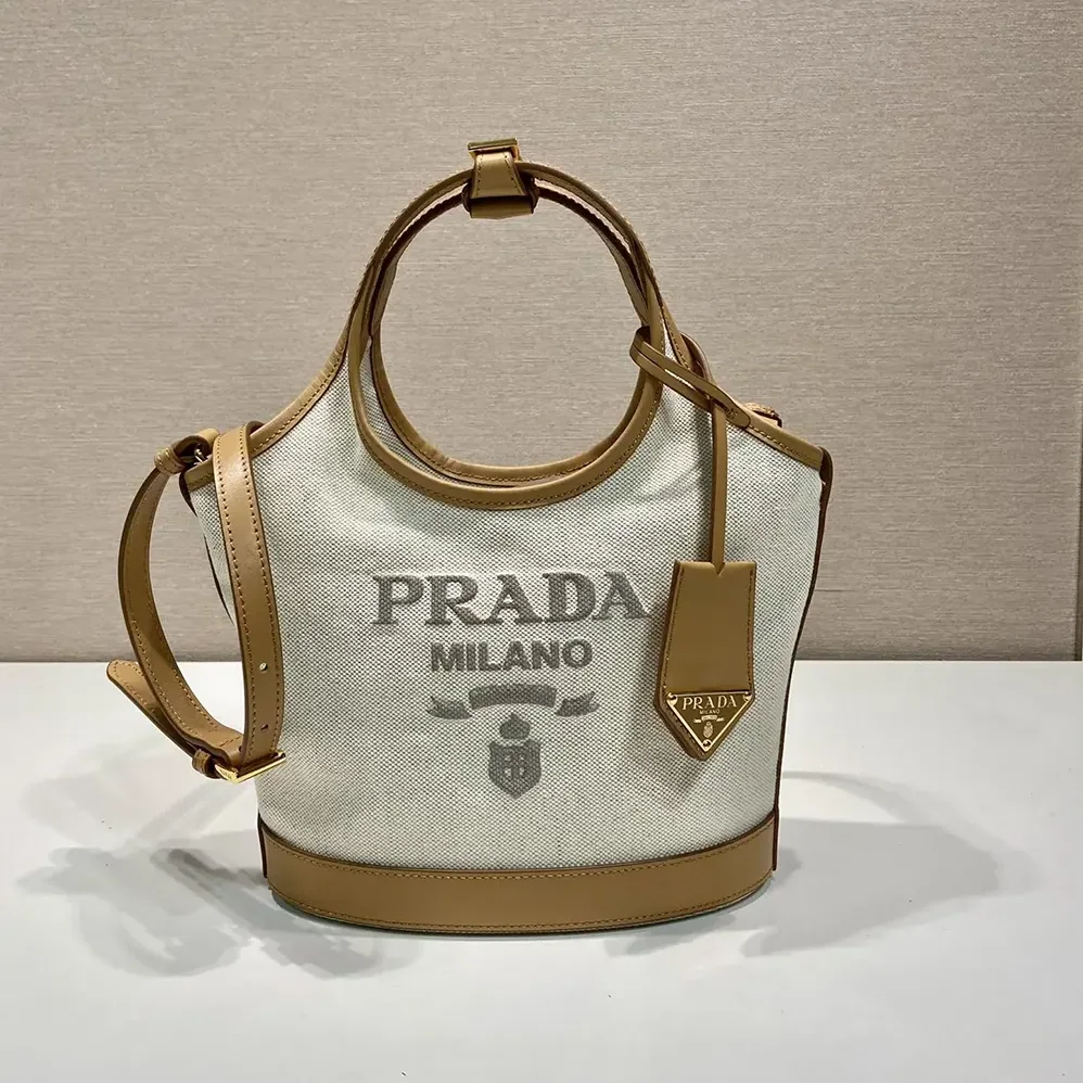 Prada Medium Linen Blend and Leather Tote Bag for Women Prada Medium Linen Blend and Leather Tote Bag for Women