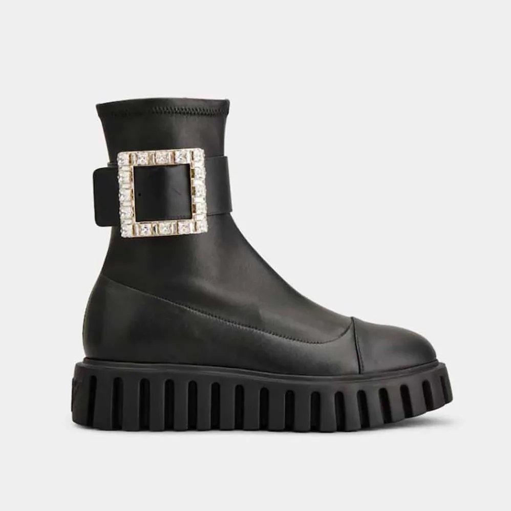 Roger Vivier Viv' Go-Thick Rhinestone Buckle Stretch Ankle Boots in Soft Leather for Women Roger Vivier Viv' Go-Thick Rhinestone Buckle Stretch Ankle Boots in Soft Leather for Women