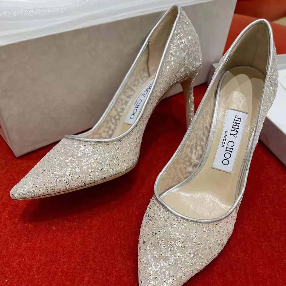 Jimmy Choo Romy 85 Silver Glitter Tulle and Metallic Nappa Pointy for Women in Toe Pumps