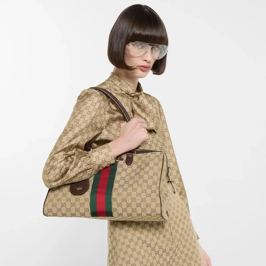 Gucci Borsetto Large Boston Shoulder Bag in Sand/ Brown Gold Hardware Gucci Borsetto Large Boston Shoulder Bag in Sand/ Brown Gold Hardware