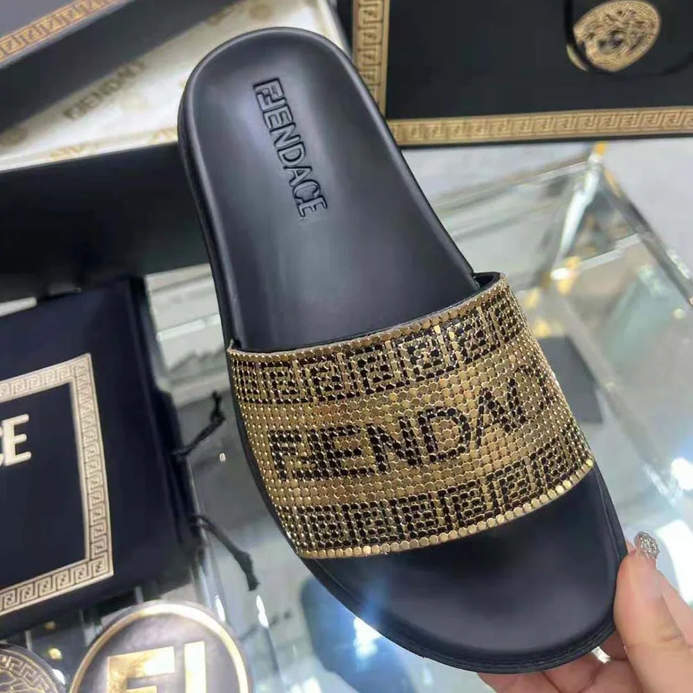 Versace Fendace Logo Metal Mesh Sliders for Unisex in Black Versace Fendace Logo Metal Mesh Sliders for Unisex in Black
