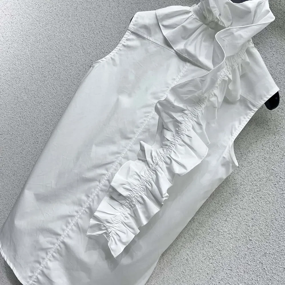 Dior Sleeveless Blouse with Removable Ruched Collar White Cotton Poplin for Women