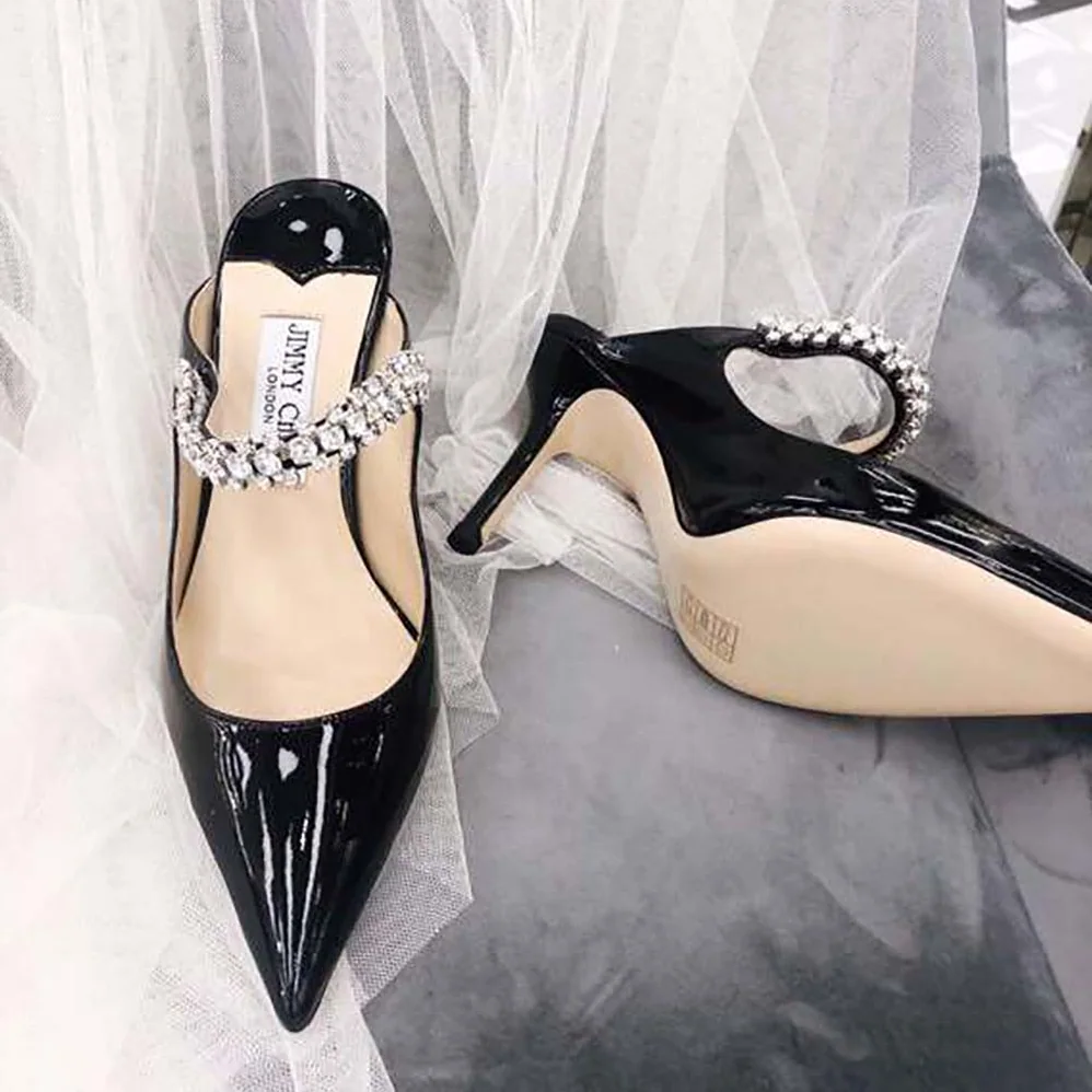 Jimmy Choo Shoes Bing 65 Black Patent Leather Mules with Crystal Strap for Women Jimmy Choo Shoes Bing 65 Black Patent Leather Mules with Crystal Strap for Women