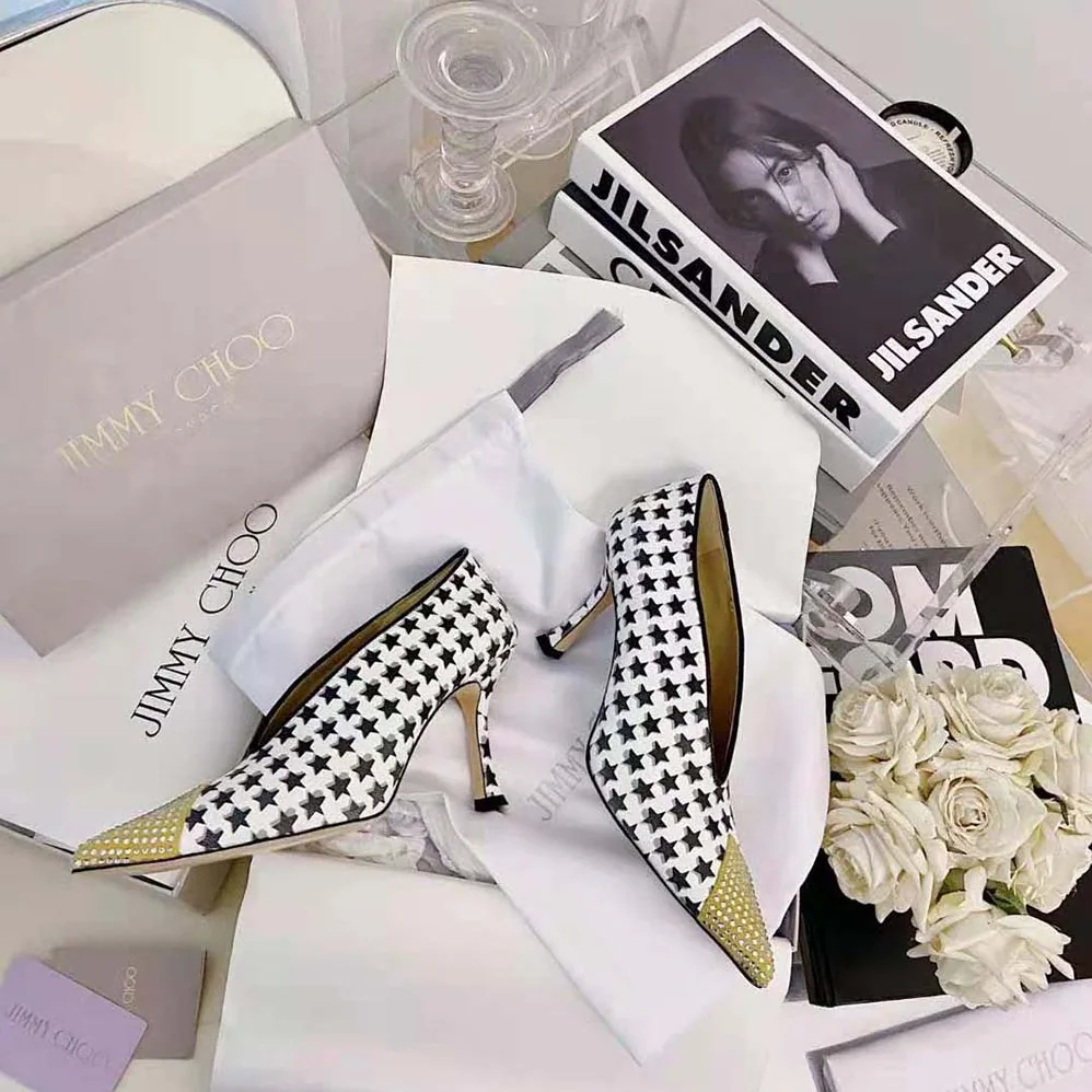 Jimmy Choo Nicole 90 Latte and Black Star Houndstooth Printed Wool Pumps for Women
