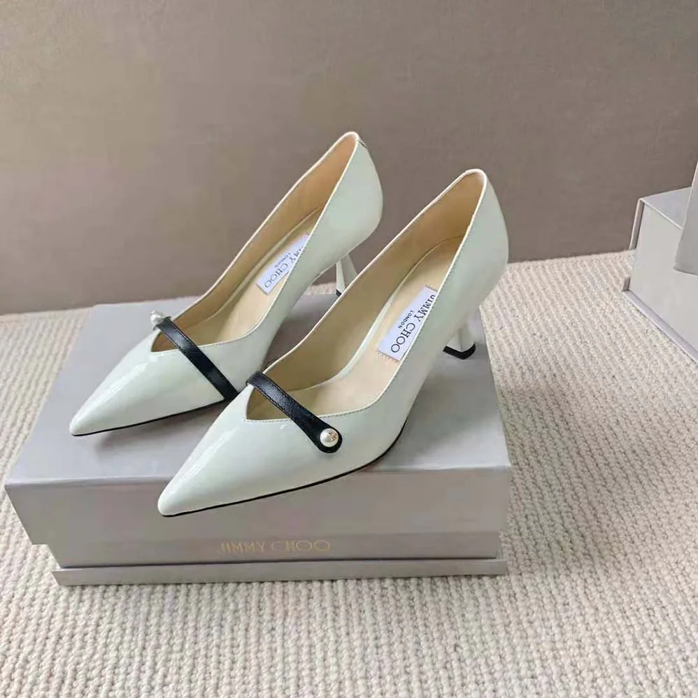 Jimmy Choo Rosalia 65 Latte Patent Pointed Pumps with Pearl Detail for Women