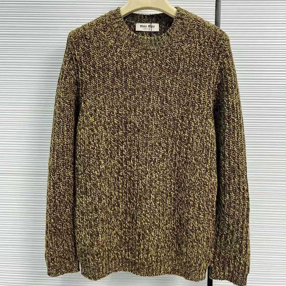 Miu Miu Wool and Cashmere Sweater with Knit Logo Patch for Women in Green Miu Miu Wool and Cashmere Sweater with Knit Logo Patch for Women in Green