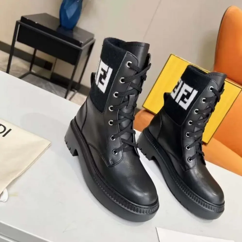 Fendi Rockoko Black Leather Biker Boots with FF Jacquard Motif for Women Fendi Rockoko Black Leather Biker Boots with FF Jacquard Motif for Women