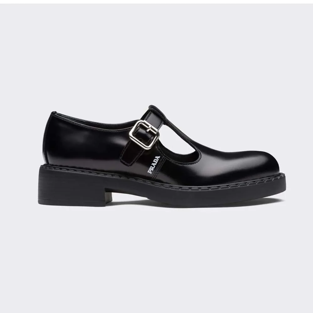 Prada Brushed-Leather Mary Jane T-strap Shoes for Women in Black Prada Brushed-Leather Mary Jane T-strap Shoes for Women in Black