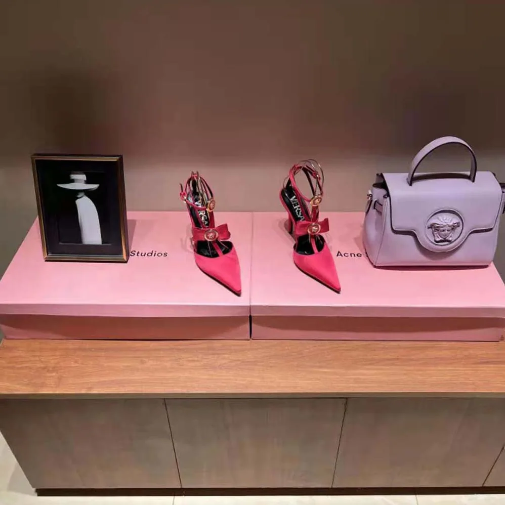 Versace Gianni Ribbon Cage Satin Pumps for Women in Rose Versace Gianni Ribbon Cage Satin Pumps for Women in Rose