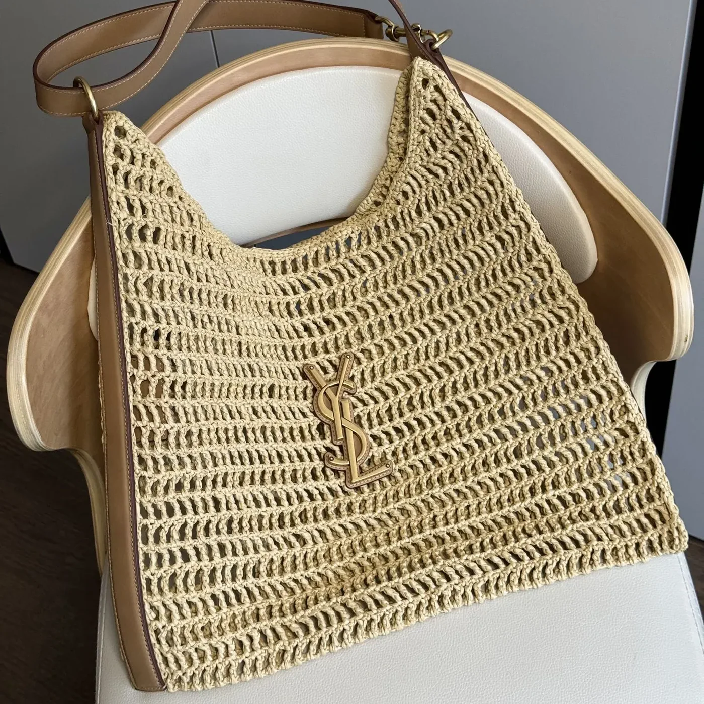 Saint Laurent YSL Oxalis in Raffia Crochet and Leather for Women