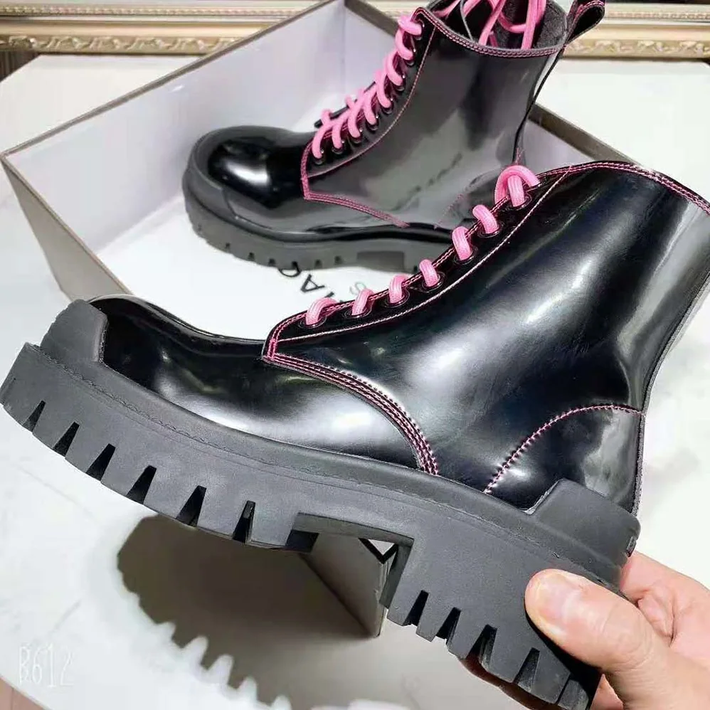 Balenciaga Strike 20mm Lace-Up Boot in Black Matte Calfskin for Women in Pink