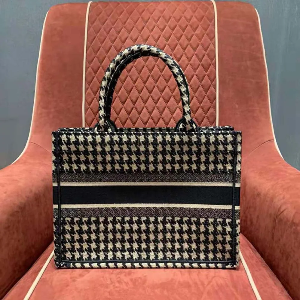 Dior Small Dior Book Tote Black Houndstooth Embroidery for Women