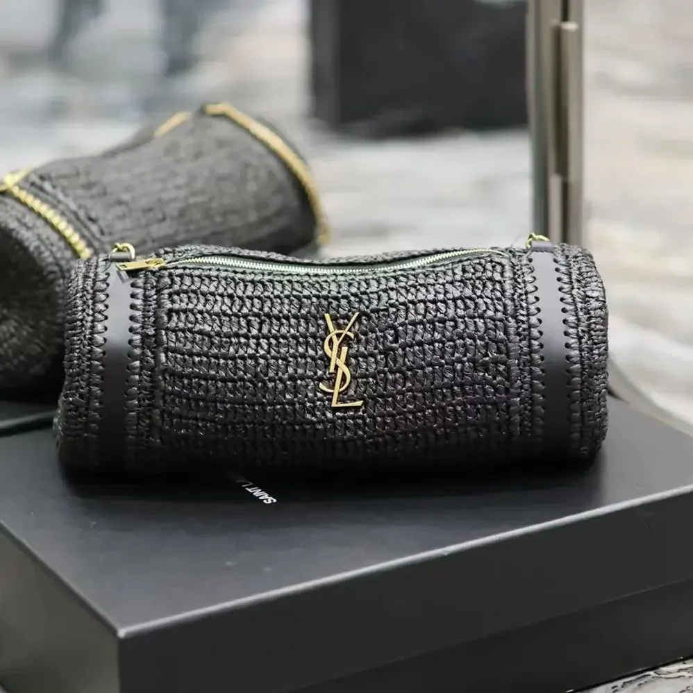 Saint Laurent YSL Cassandre Small Cylinder Bag in Raffia and Vegetable for Women in tanned Leather Saint Laurent YSL Cassandre Small Cylinder Bag in Raffia and Vegetable for Women in tanned Leather