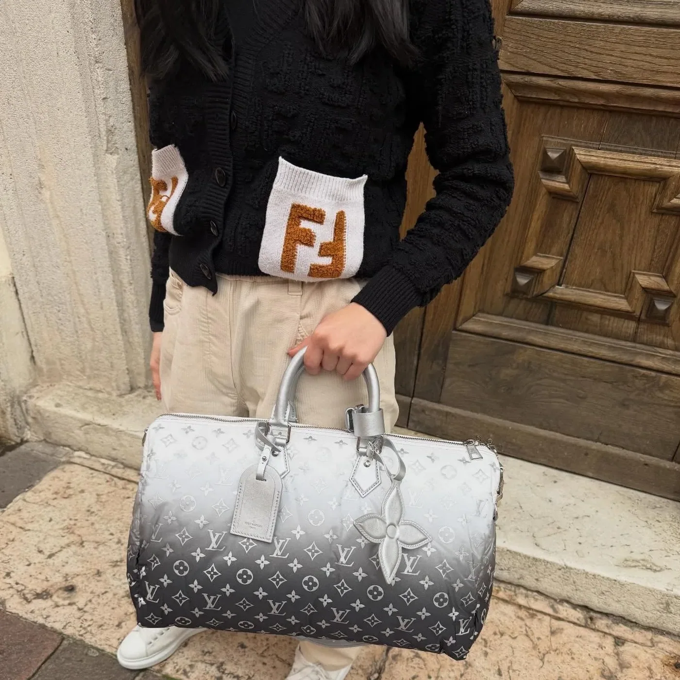 Louis Vuitton Keepall Bandouliere 45 Travel Bag in Frost Gradient Silver Hardware Louis Vuitton Keepall Bandouliere 45 Travel Bag in Frost Gradient Silver Hardware