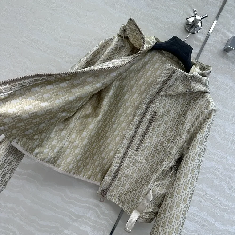 Dior Cropped Hooded Jacket Beige Technical Jacquard Taffeta with Dior Oblique Motif for Men