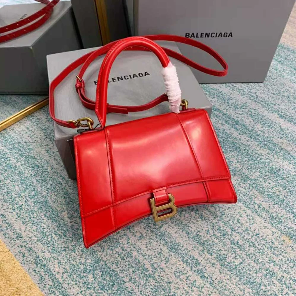 Balenciaga Hourglass Small Top Handle Bag in Shiny Box Calfskin for Women in Red