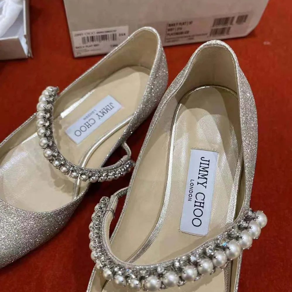 Jimmy Choo Baily Flat Platinum Ice Dusty Glitter Flats with Crystal and Pearl Strap for Women Jimmy Choo Baily Flat Platinum Ice Dusty Glitter Flats with Crystal and Pearl Strap for Women