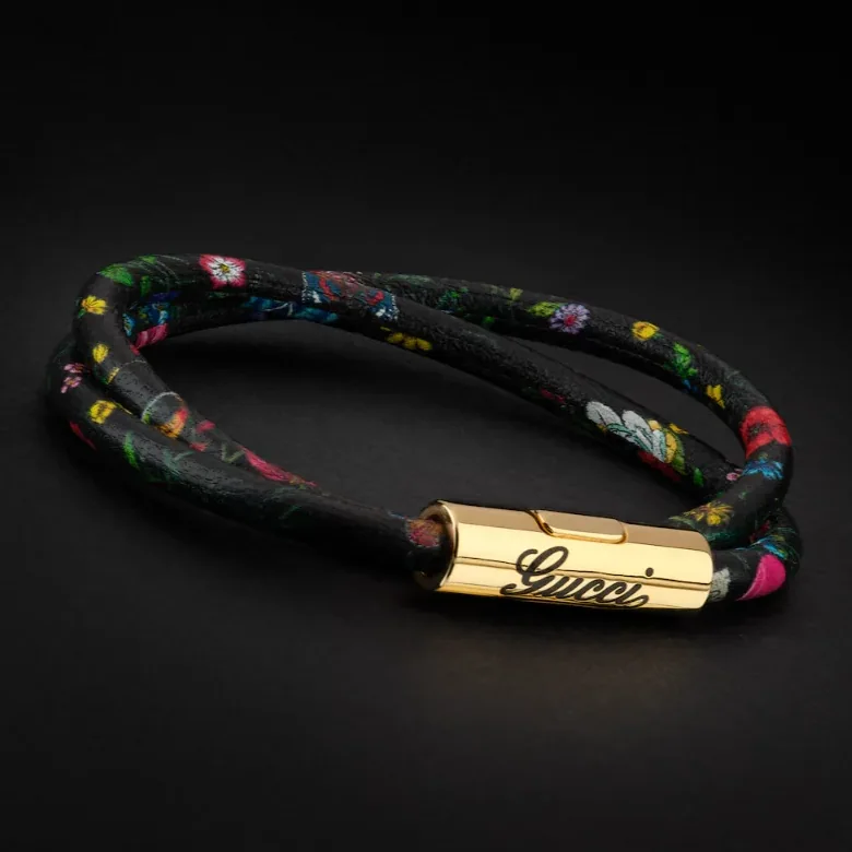 Gucci Leather Double Bracelet With Gucci Script Black Tubular