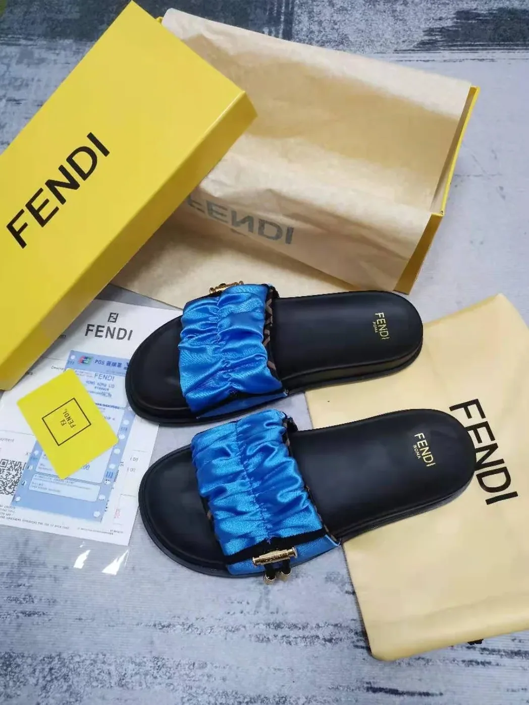 Fendi Feel Blue Satin Slides Fendi Feel Blue Satin Slides