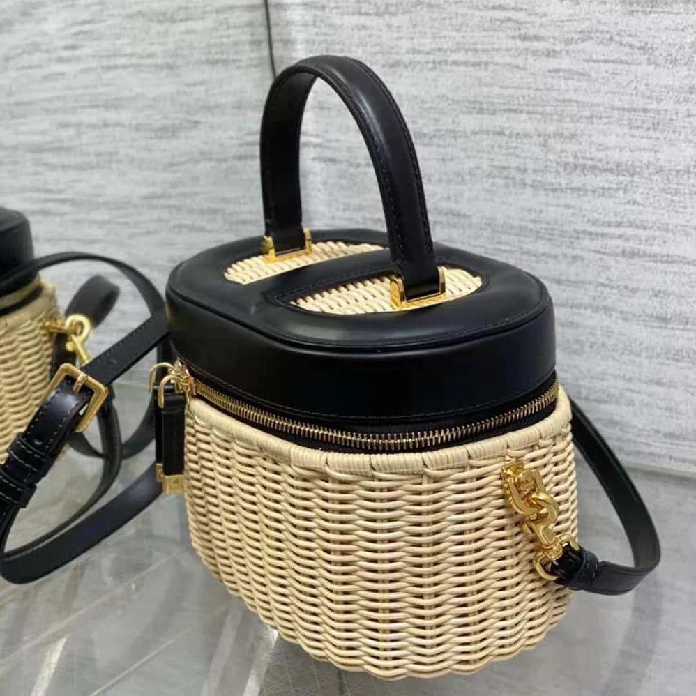 Dior Medium CD Signature Vanity Case Natural Wicker and Black Calfskin for Women