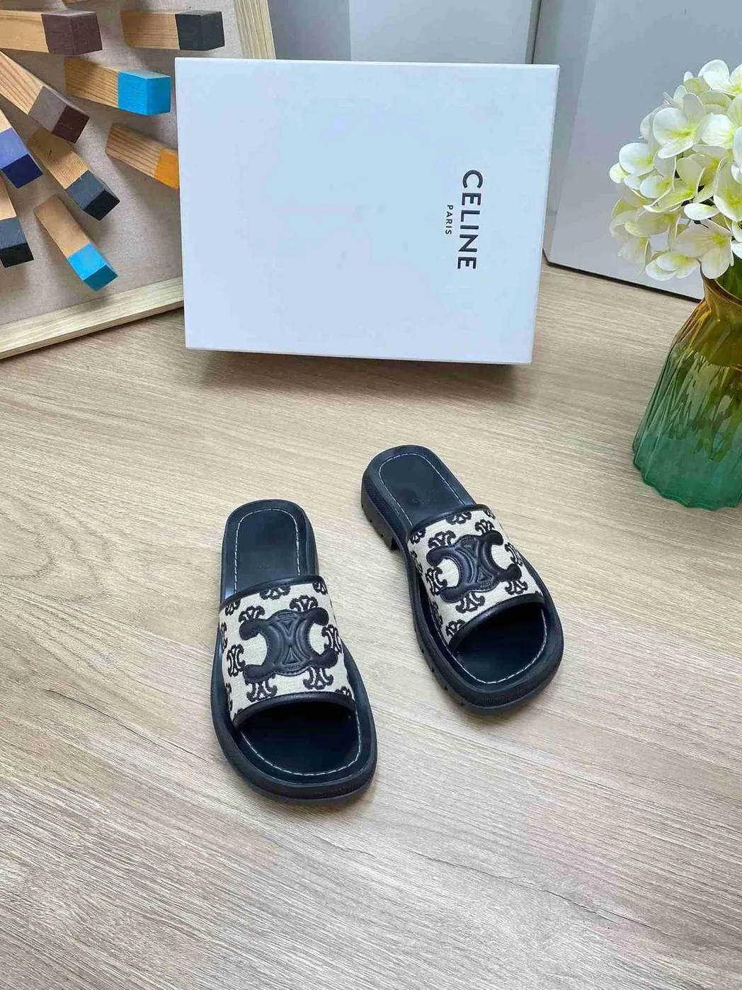 Celine Triomphe Slide In Triomphe Stamped Canvas Black Celine Triomphe Slide In Triomphe Stamped Canvas Black