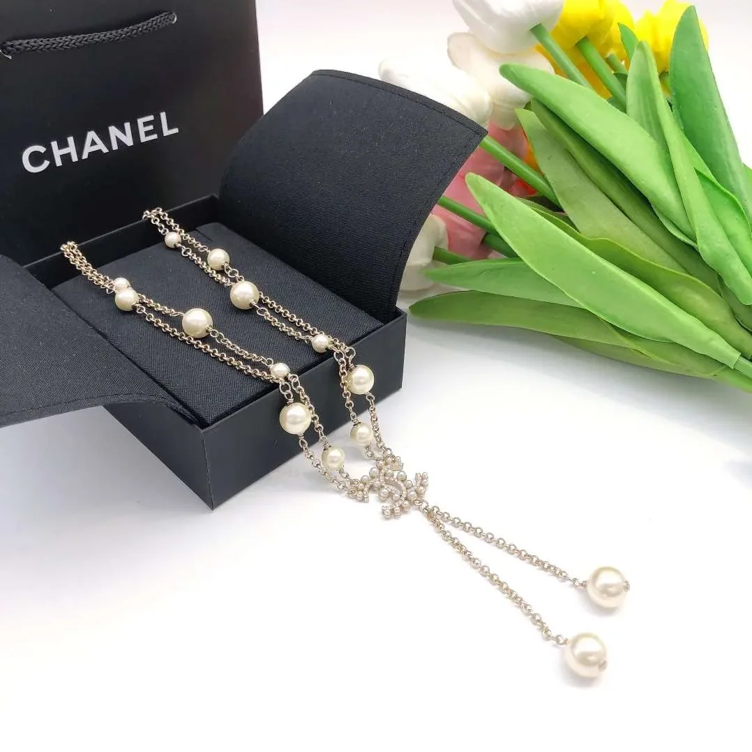 Chanel Pearl Double C Rice Beads Large And Small Necklace Gold Chanel Pearl Double C Rice Beads Large And Small Necklace Gold