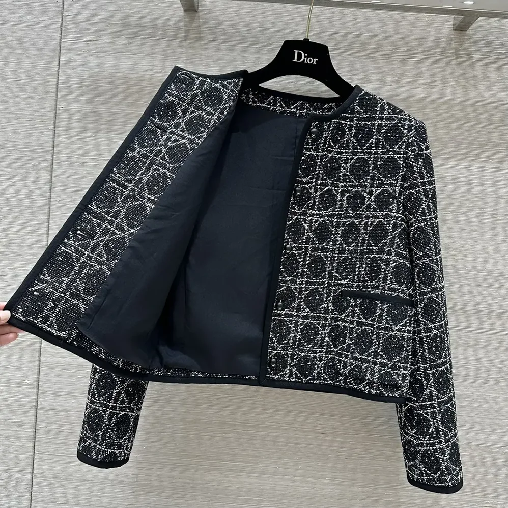 Dior Macrocannage Cropped Jacket Black and White Technical Cotton Tweed for Women