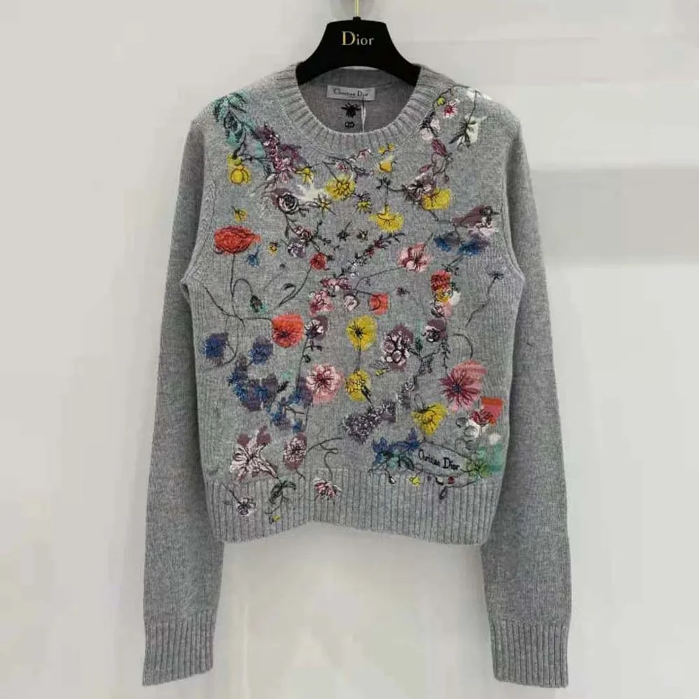 Dior Embroidered Sweater Gray Cashmere Knit with Red Multicolor Florilegio Motif for Women Dior Embroidered Sweater Gray Cashmere Knit with Red Multicolor Florilegio Motif for Women
