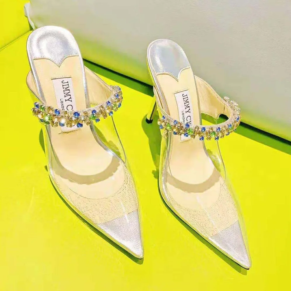 Jimmy Choo Bing 100 Clear Plexi Mules with Multicoloured Crystal Strap for Women Jimmy Choo Bing 100 Clear Plexi Mules with Multicoloured Crystal Strap for Women