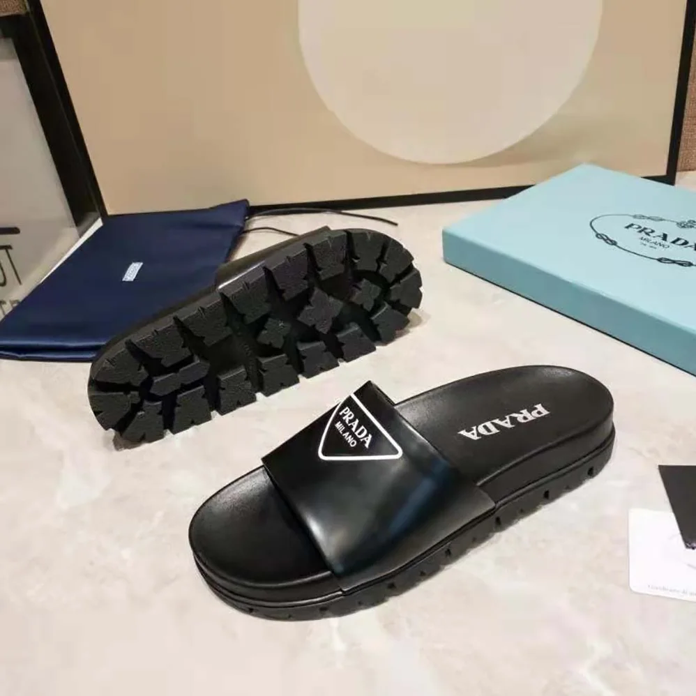 Prada Leather Slides in 20mm Heel for Women in Black Prada Leather Slides in 20mm Heel for Women in Black